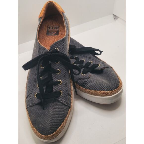 Reef Women's Size 8 Blue Lace-up Denim Sneakers Jute Edge Cork Sole Style C15360 - Picture 3 of 8